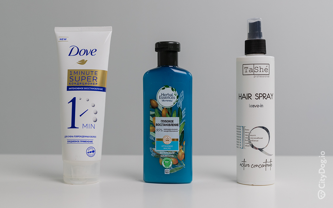 Кондиционер Dove 1 Minute Super, шампунь Herbal Essences Argan Oil и спрей для волос Tashe Professional.